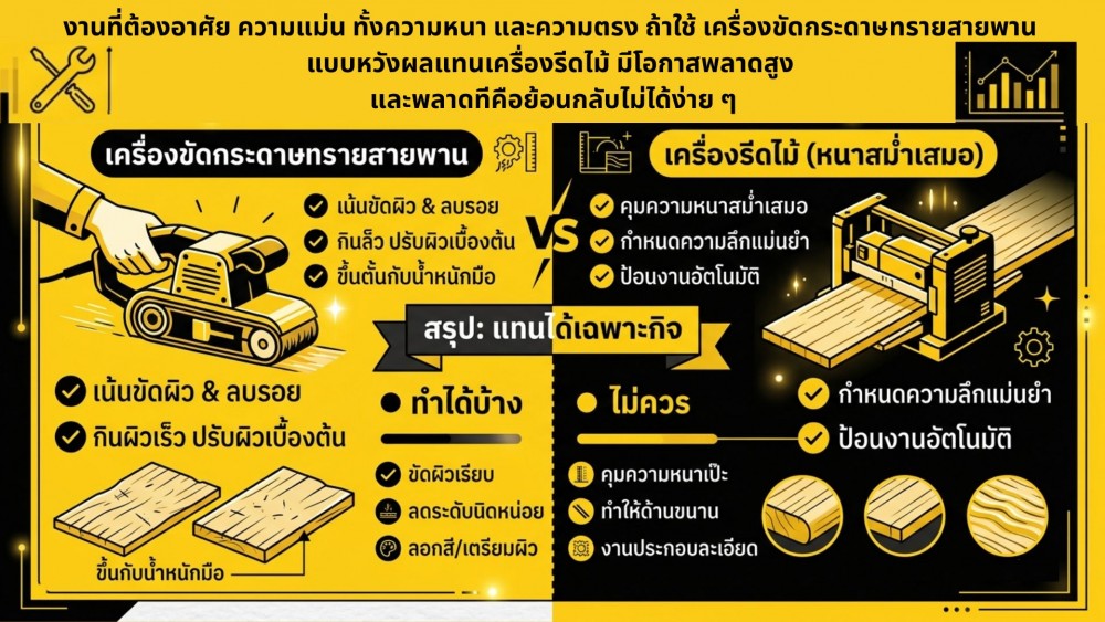ใช้ เครื่องขัดกระดาษทรายสายพาน แทนเครื่องรีดไม้ ได้ไหม