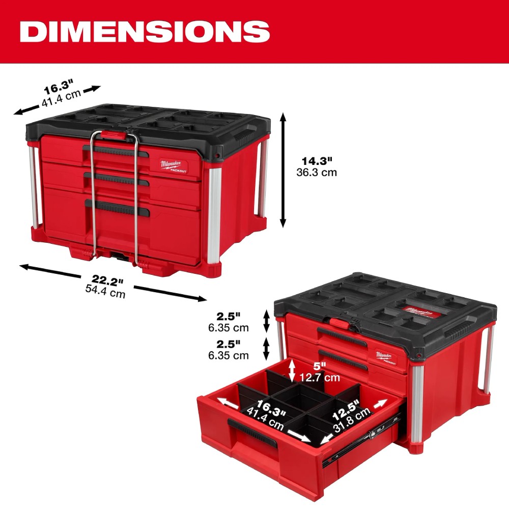 กล่องเครื่องมือ MILWAUKEE 48 22 8447 PACKOUT™ 3 Drawer Tool Box  Multi Depth  3 ลิ้นชัก  เฉพาะกล่อง 