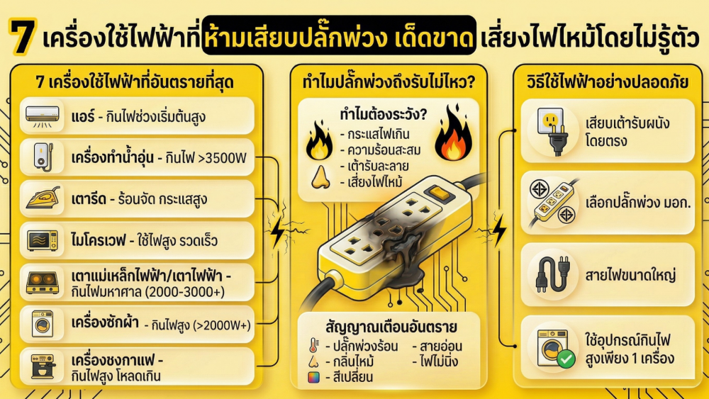 7 เครื่องใช้ไฟฟ้าที่ห้ามเสียบ ปลั๊กพ่วง เด็ดขาด เสี่ยงไฟไหม้โดยไม่รู้ตัว
