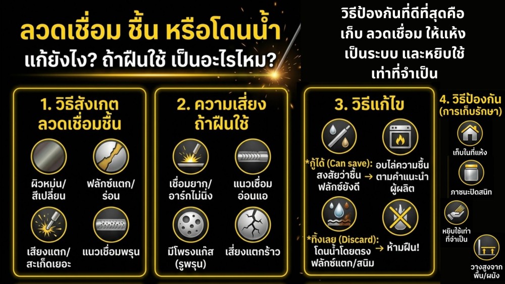 ลวดเชื่อม ชื้น หรือโดนน้ำ แก้ยังไง ถ้าฝืนใช้ เป็นอะไรไหม