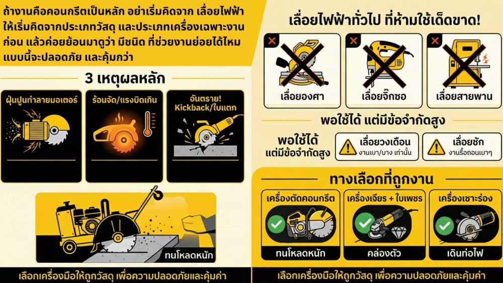 เลื่อยไฟฟ้า โดยทั่วไป ใช้ตัดคอนกรีตได้ไหม แล้วทำไม ถึงไม่ค่อยรองรับ เลื่อยไฟฟ้า โดยทั่วไป ใช้ตัดคอนกรีตได้ไหม แล้วทำไม ถึงไม่ค่อยรองรับ
