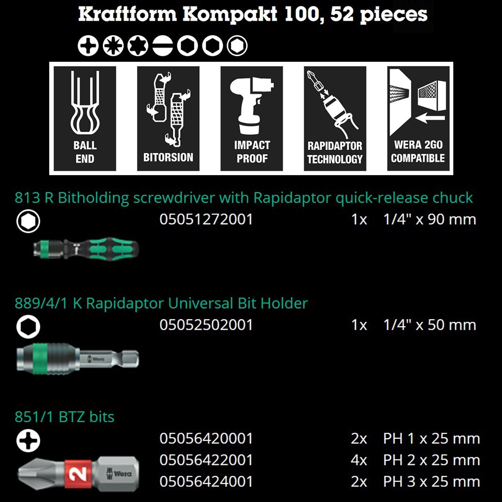 ชุดไขควง Wera Kraftform Kompakt 100 05057460001 ชุด 52 ชิ้น