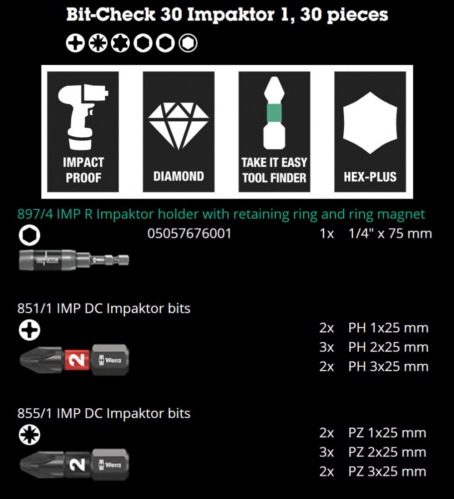 ชุดดอกไขควง Wera Bit-Check 30 Impaktor 1 05057690001 ชุด 30 ชิ้น
