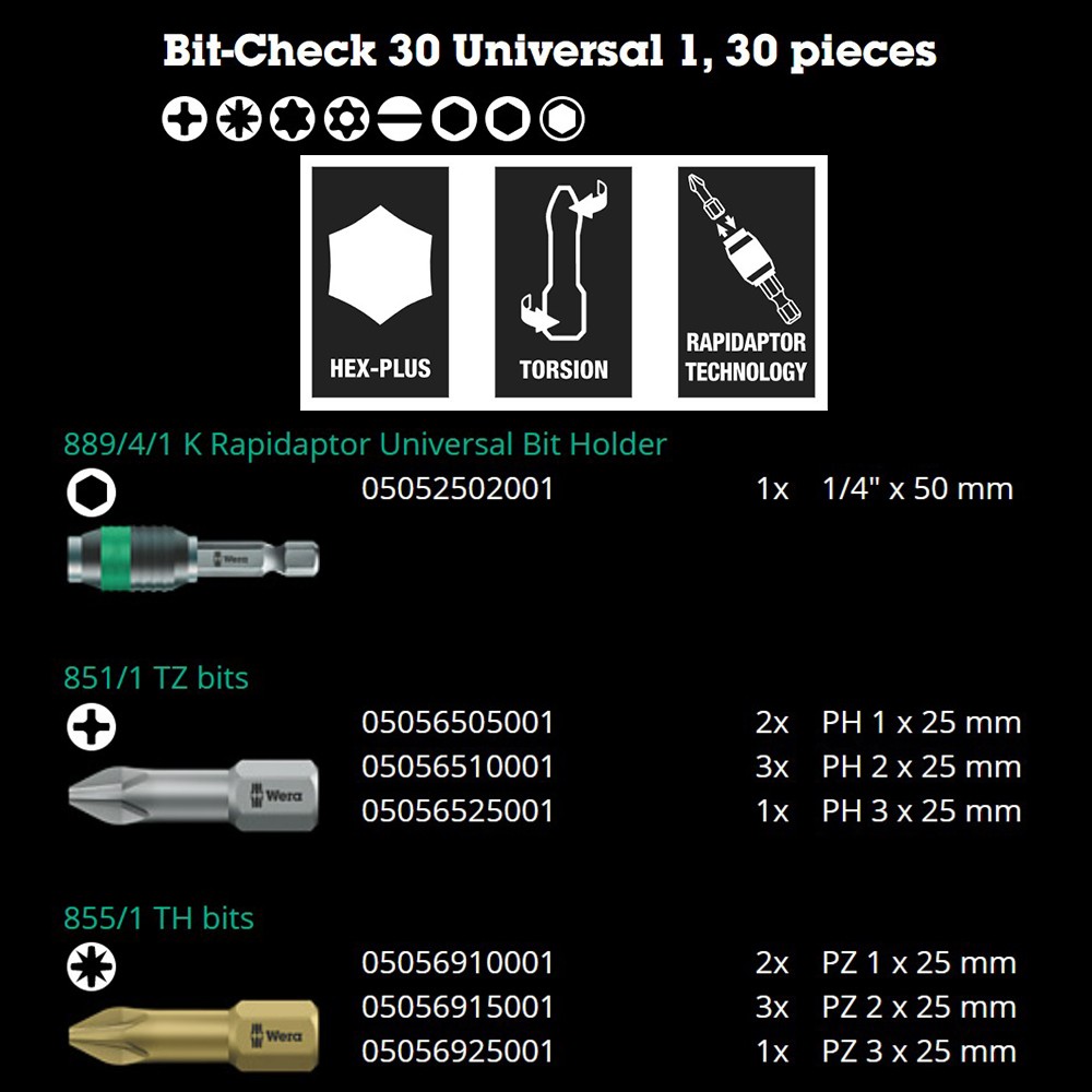 ชุดดอกไขควง Wera Bit-Check 30 Universal 1 05056440001 ชุด 30 ชิ้น