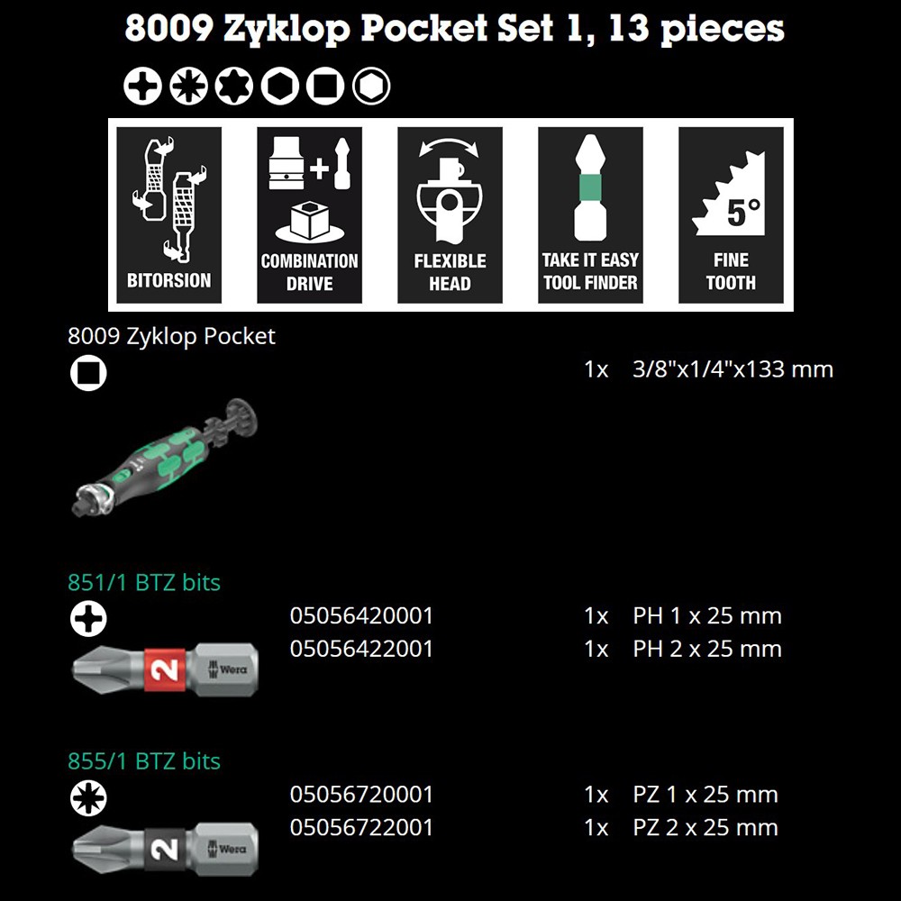 ชุดประแจ Wera 8009 Zyklop Pocket Set 1 ขนาด 3/8 5004280001 ชุด 13 ชิ้น