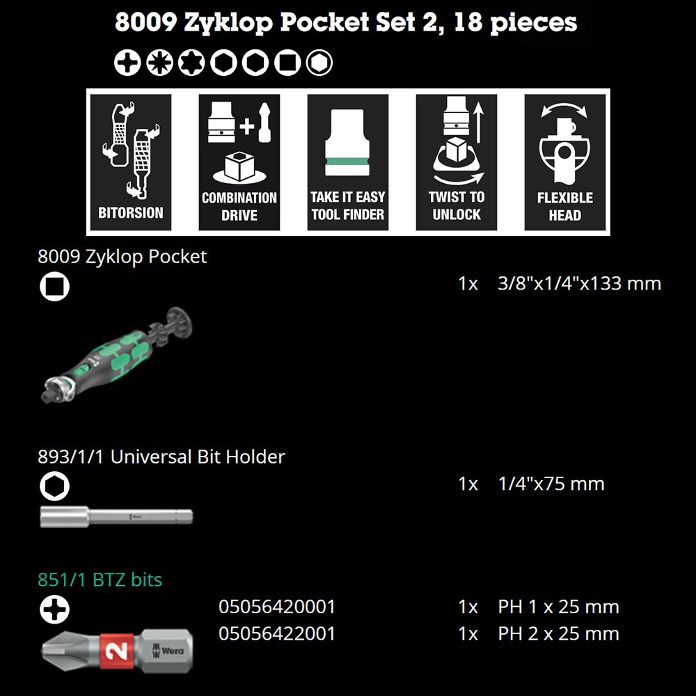 ชุดประแจ Wera 8009 Zyklop Pocket Set 2 ขนาด 3/8 05004281001 ชุด 18