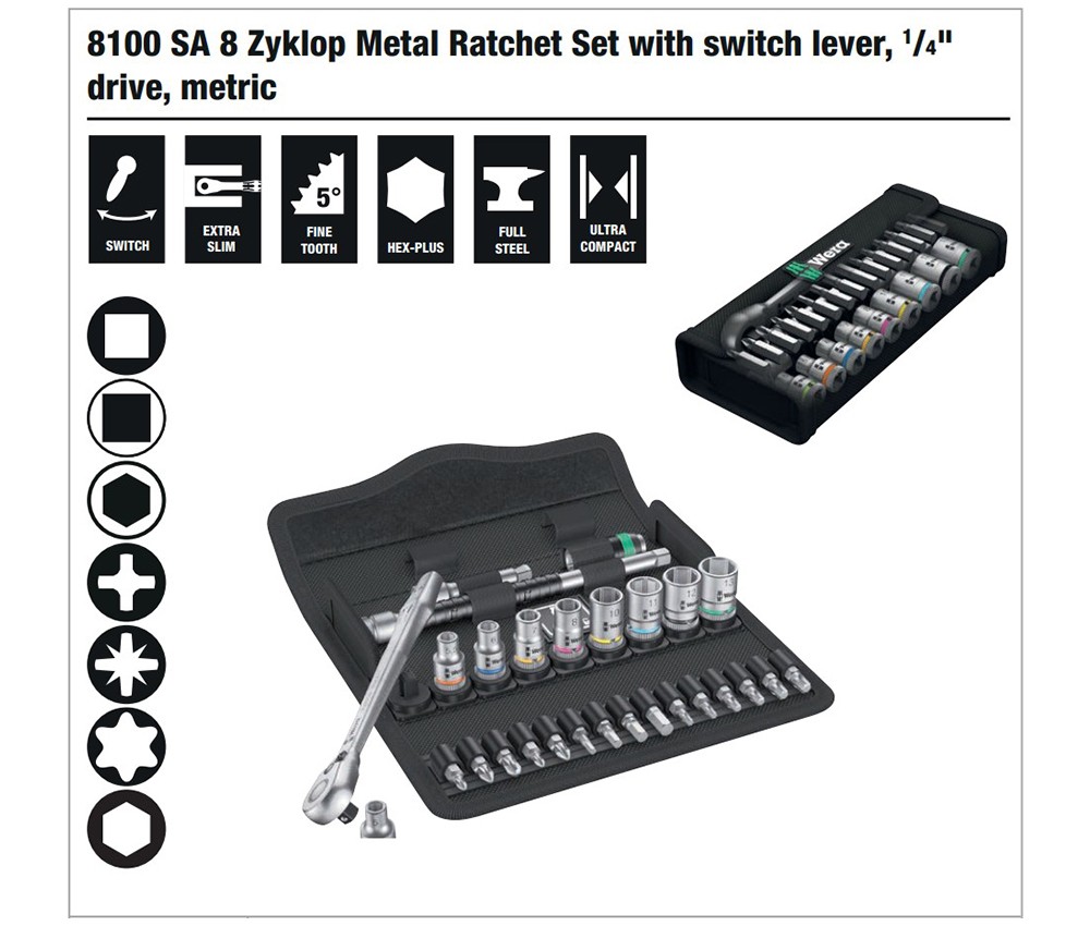 ชุดประแจ Wera Zyklop Metal 8100 SA 8 ขนาด 1/4 นิ้ว 05004018001 ชุด 28 ชิ้น