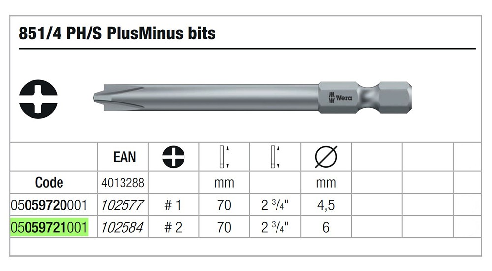 ดอกไขควงแฉก PlusMinus Wera 851/4 PH/S 2 x 70 mm 05059721001