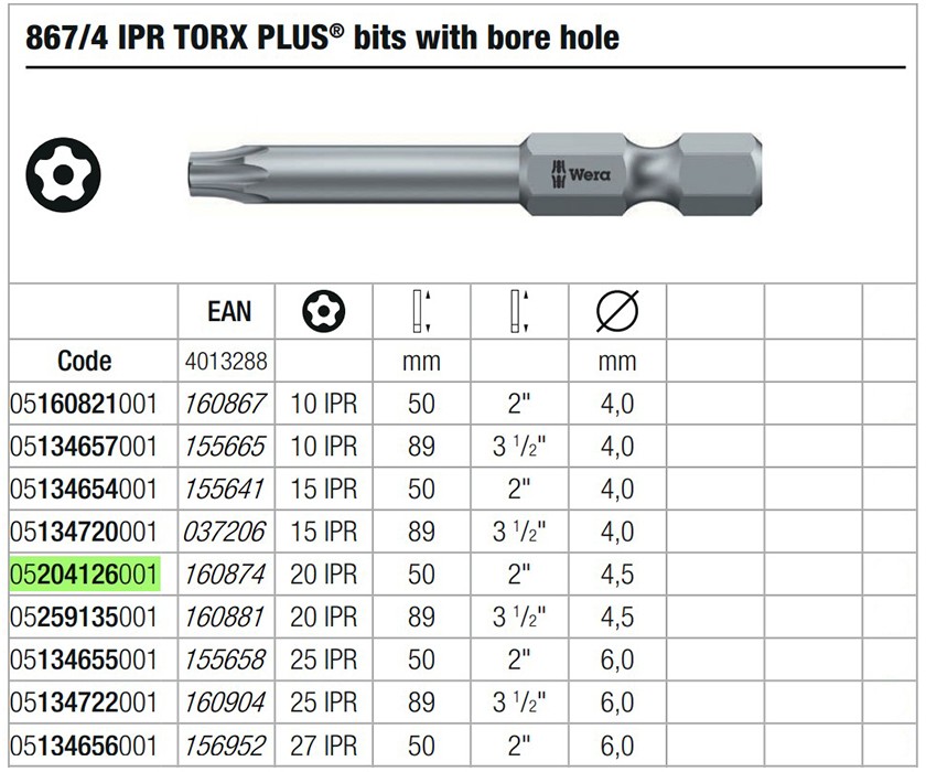 ดอกไขควงดาว 5 แฉก มีรูใน Wera 867/4 20 IPR x 50 mm 05204126001