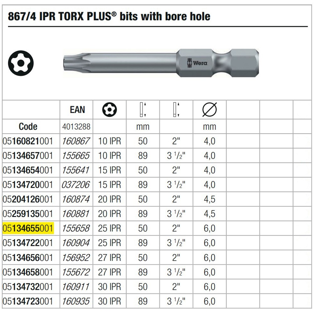 ดอกไขควงดาว 5 แฉก มีรูใน Wera 867/4 25 IPR x 50 mm 05134655001