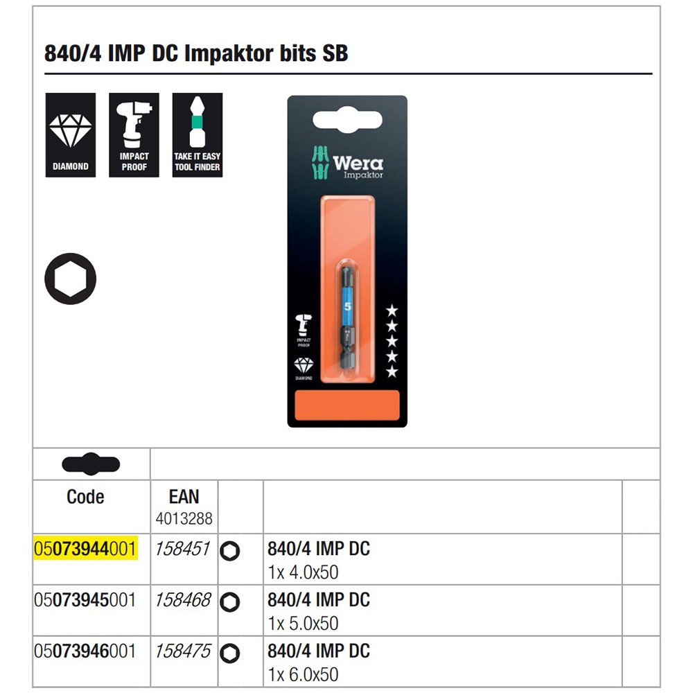 ดอกไขควงหกเหลี่ยม Wera 840/4 IMP DC Hex-Plus 4x50 mm 05073944001