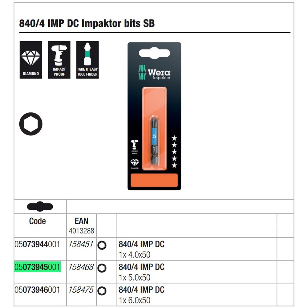 ดอกไขควงหกเหลี่ยม Wera 840/4 IMP DC Hex-Plus 5x50 mm 05073945001