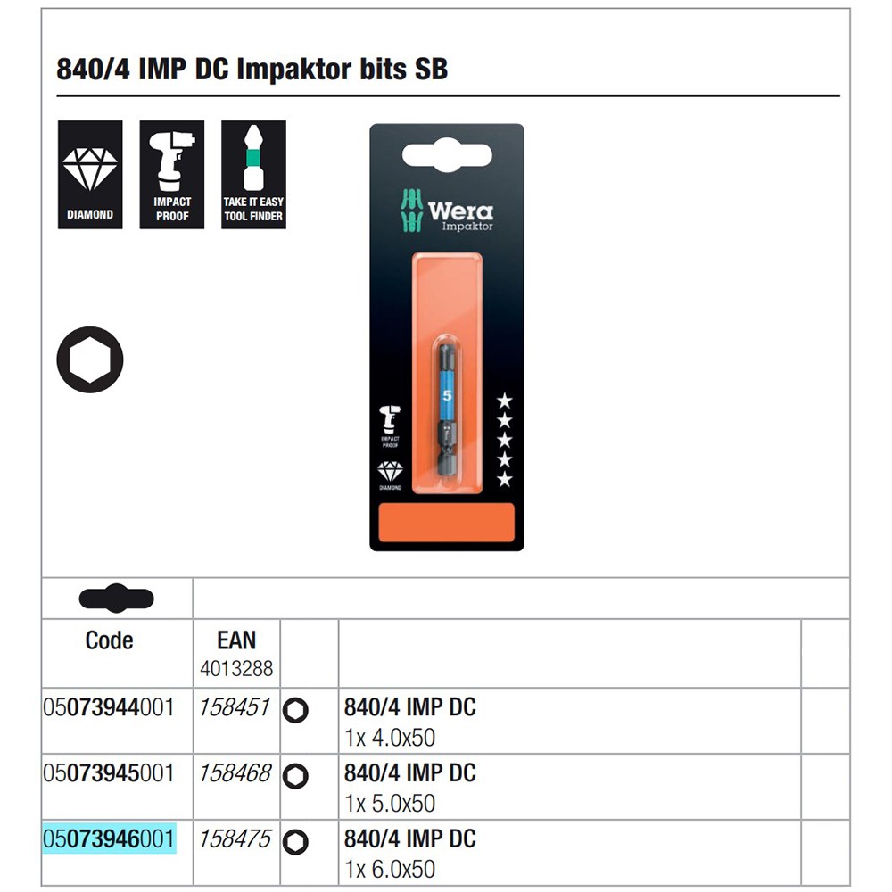 ดอกไขควงหกเหลี่ยม Wera 840/4 IMP DC Hex-Plus 6x50 mm 5073946001