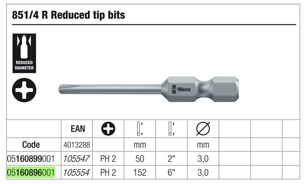 ดอกไขควงหัวแฉก Wera PH2 ขนาด 152 mm. 851/4 R  bits 05160896001