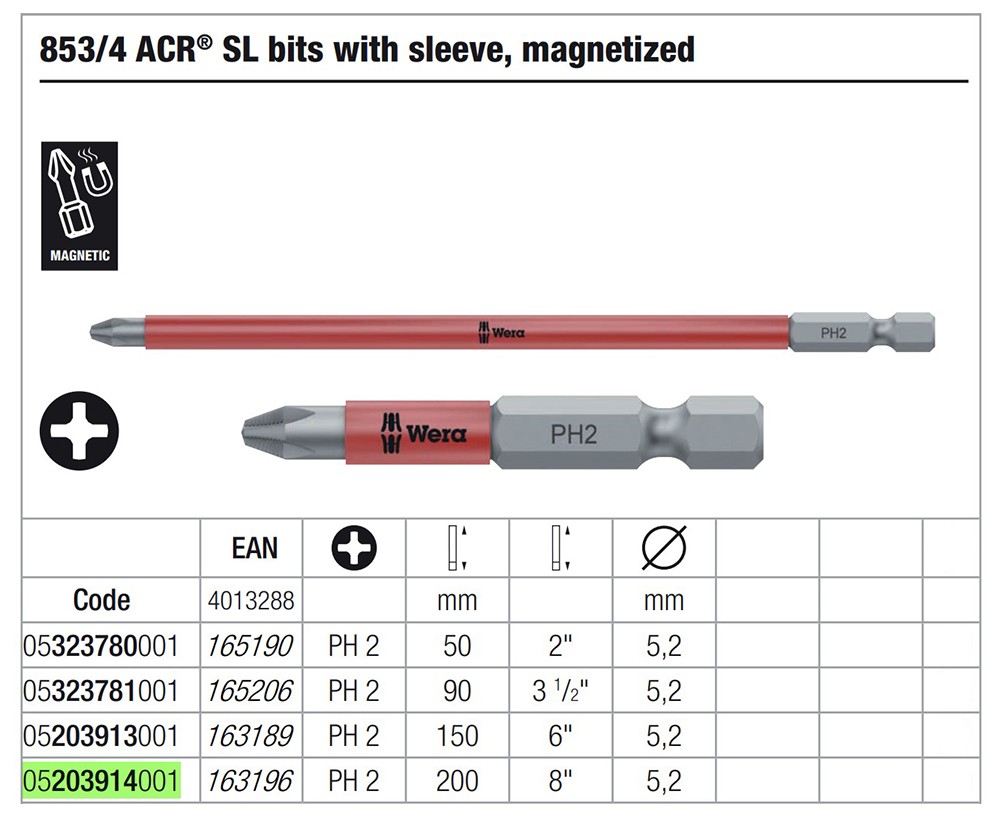 ดอกไขควงหัวแฉก Wera PH2 ขนาด 200 mm. แม่เหล็ก 853/4 ACR SL bits 05203914001