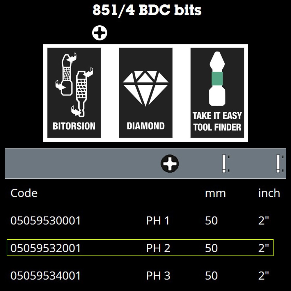 ดอกไขควงหัวแฉก Wera PH2 ขนาด 50 mm. 851/4 BDC bits 05059532001