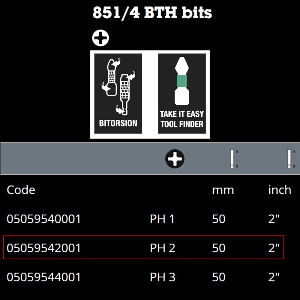 ดอกไขควงหัวแฉก Wera PH2 ขนาด 50 mm. 851/4 BTH bits 05059542001