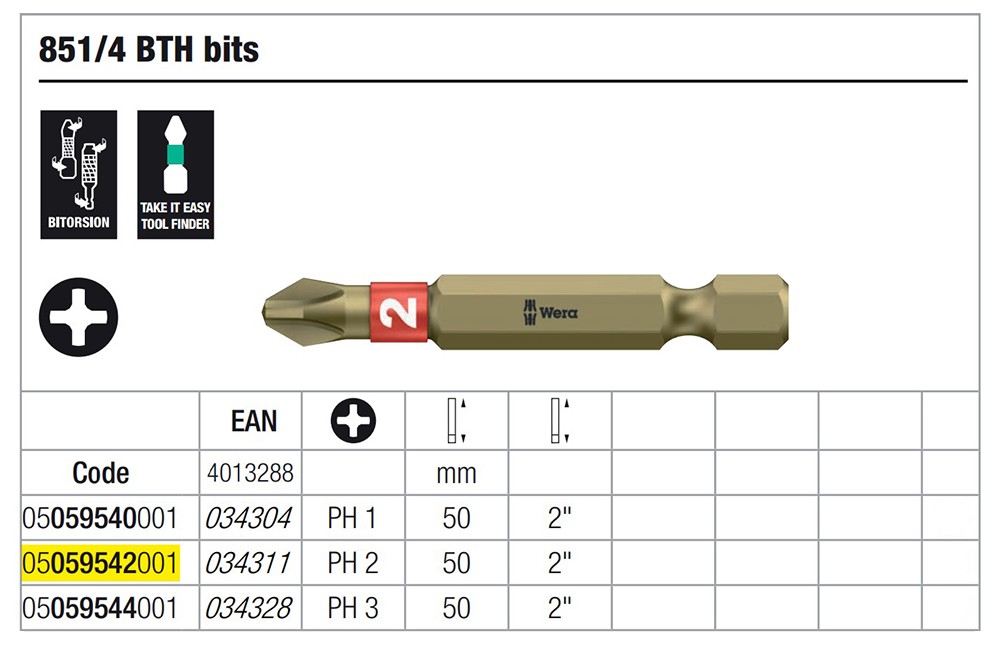 ดอกไขควงหัวแฉก Wera PH2 ขนาด 50 mm. 851/4 BTH bits 05059542001
