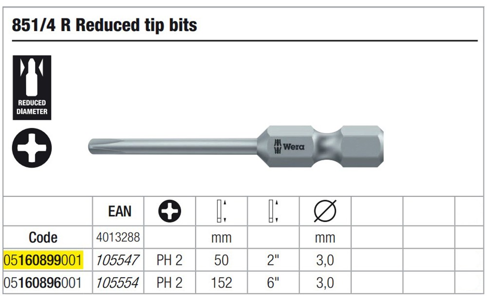 ดอกไขควงหัวแฉก Wera PH2 ขนาด 50 mm. 851/4 R tip bits 05160899001