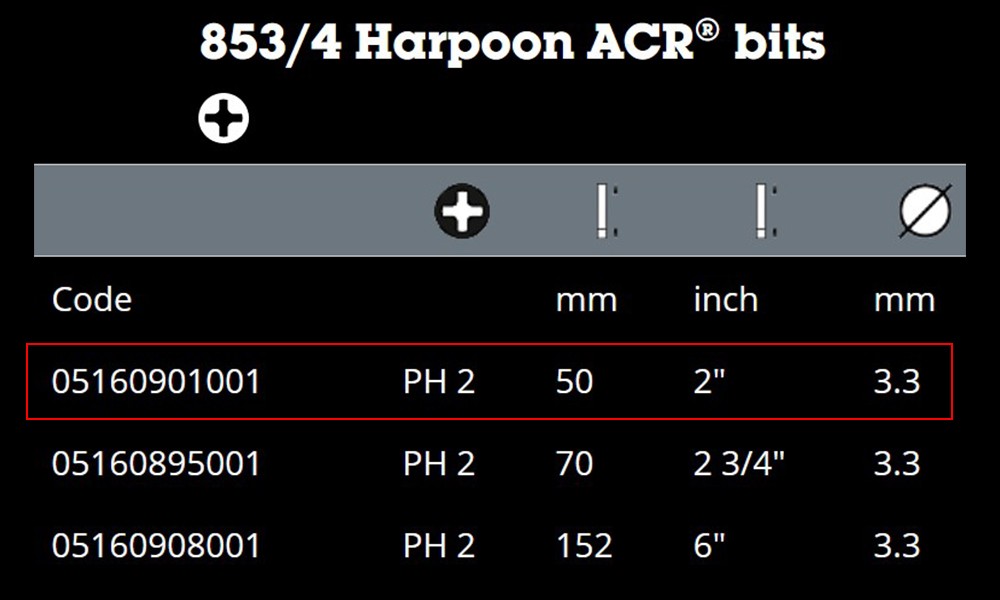 ดอกไขควงหัวแฉก Wera PH2 ขนาด 50 mm. 853/4 Harpoon ACR bits 05160901001