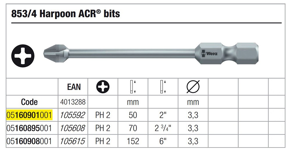 ดอกไขควงหัวแฉก Wera PH2 ขนาด 50 mm. 853/4 Harpoon ACR bits 05160901001
