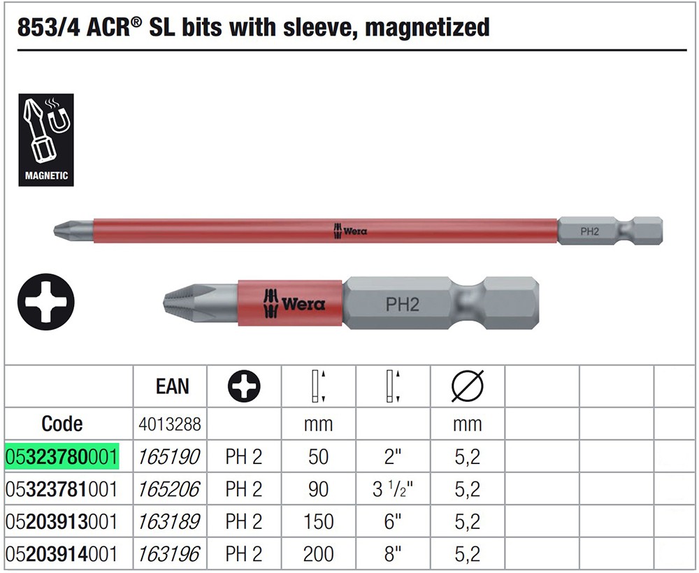 ดอกไขควงหัวแฉก Wera PH2 ขนาด 50 mm. แม่เหล็ก 853/4 ACR SL bits 05323780001