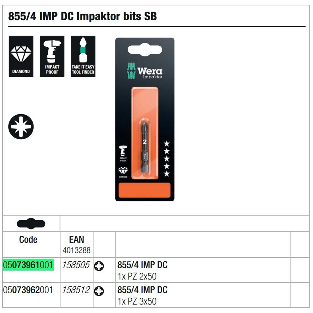 ดอกไขควงหัวแฉก Wera PZ2 ขนาด 50 mm. 855/4 IMP DC bits 05073961001