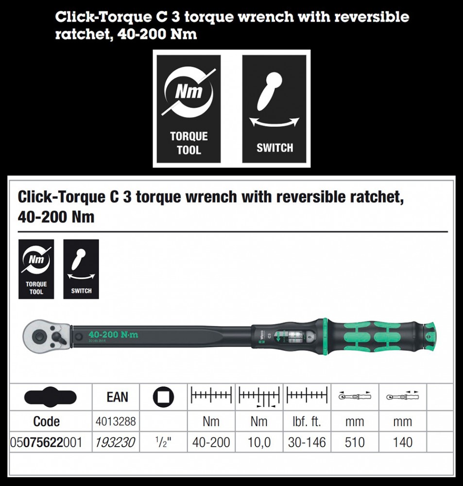 ประแจปอนด์ Wera Click-Torque C 3 ขนาด 1/2 05075622001 40 - 200 Nm