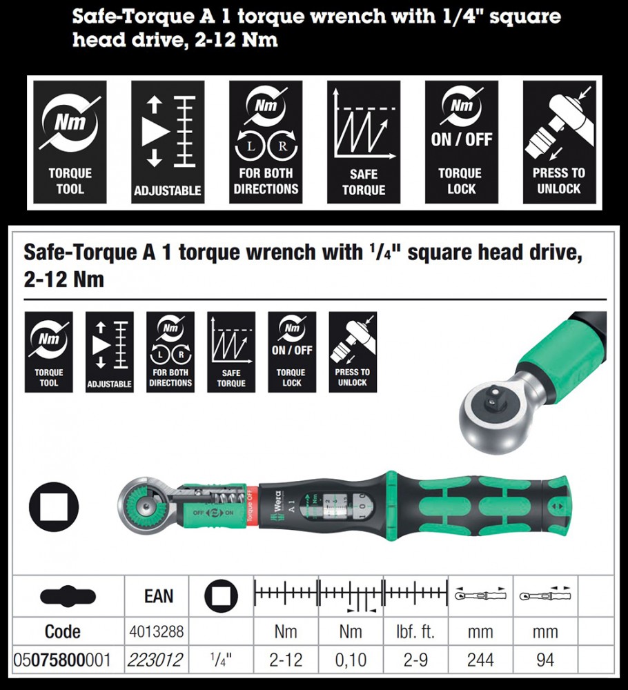 ประแจปอนด์ Wera Safe-Torque A1 1/4 square head 2-12 Nm 05075800001