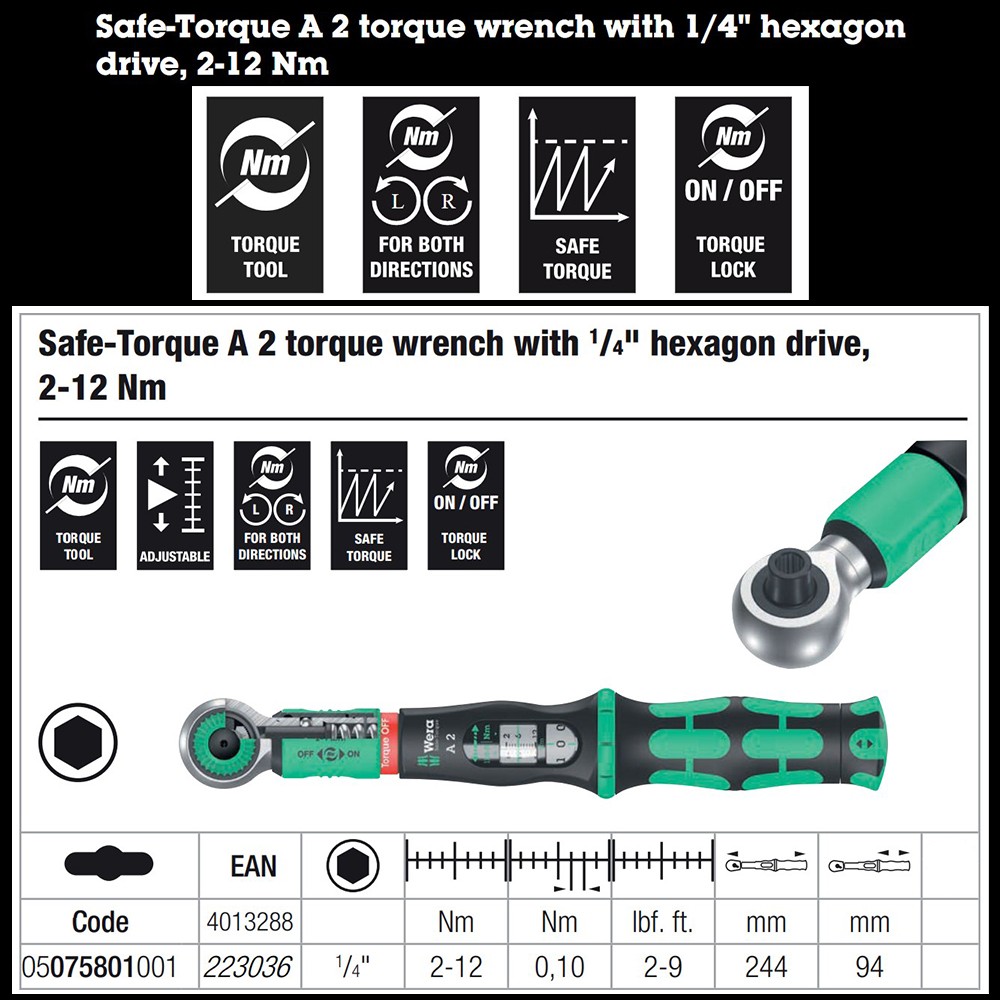 ประแจปอนด์ Wera Safe-Torque A2 1/4 hexagon drive 2-12 Nm 05075801001