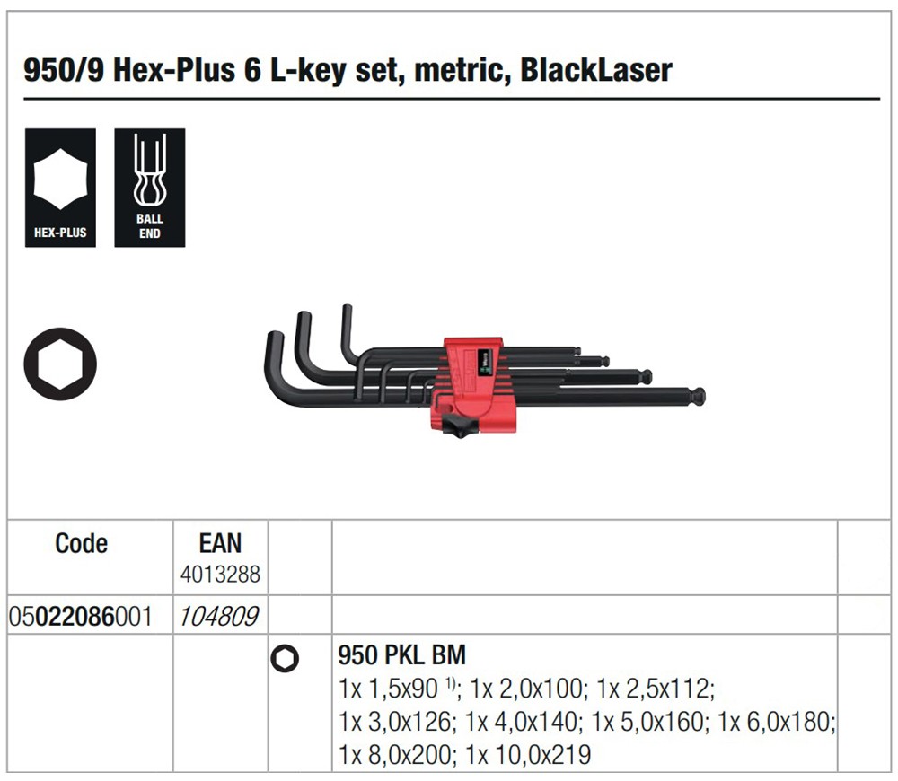 ประแจหกเหลี่ยมหัวบอล Wera 950/9 Hex-Plus 6 L-key set, metric BlackLaser 05022086001