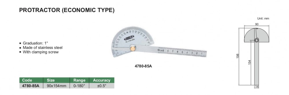 โปรแทรคเตอร์ INSIZE 4780-85A (ฉากวัดองศา) ช่วงการวัด 0-180 องศา
