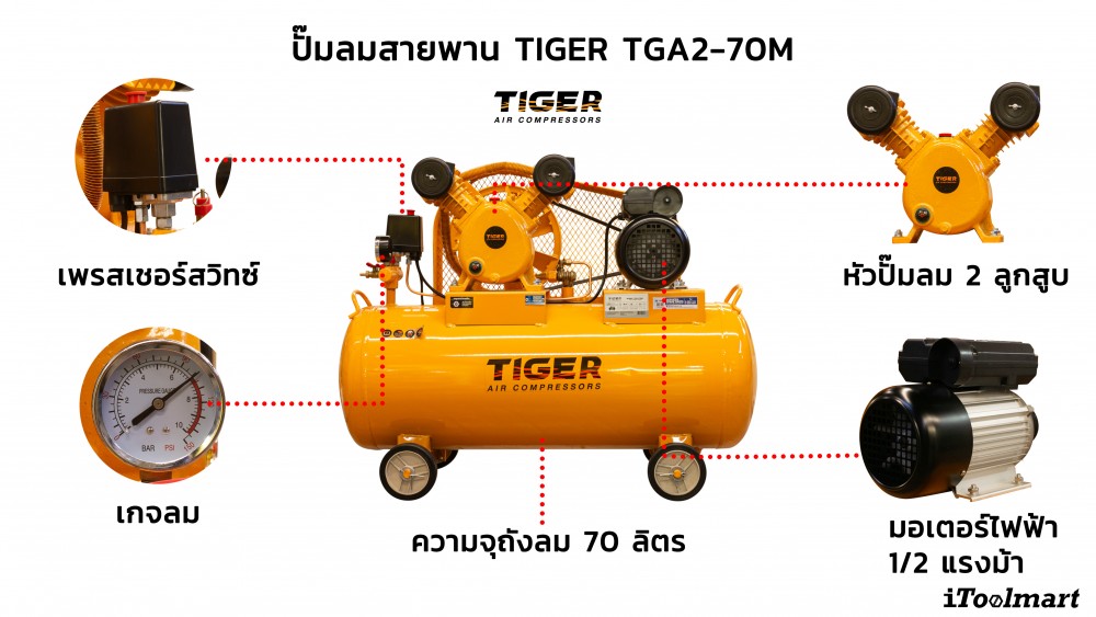 ชุดปั๊มลมสายพาน TIGER TGA2-70M 1/2HP ขนาดถัง 70 ลิตร (2 ลูกสูบ)