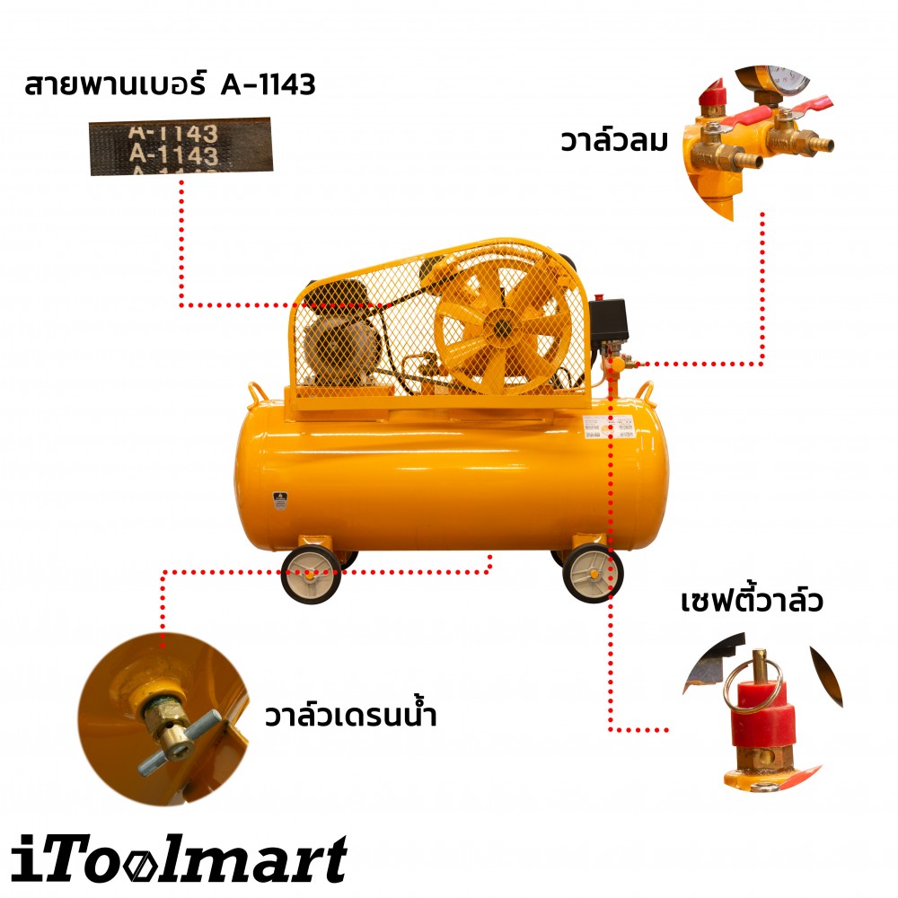 ชุดปั๊มลมสายพาน TIGER TGA2-70M 1/2HP ขนาดถัง 70 ลิตร (2 ลูกสูบ)