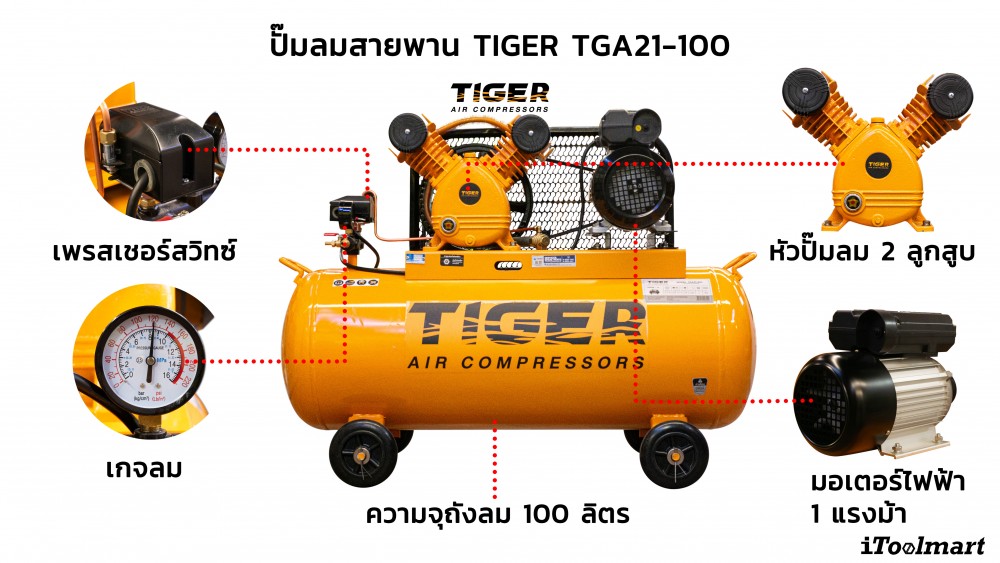 ปั๊มลมสายพาน TIGER TGA21-100M 2HP 100L