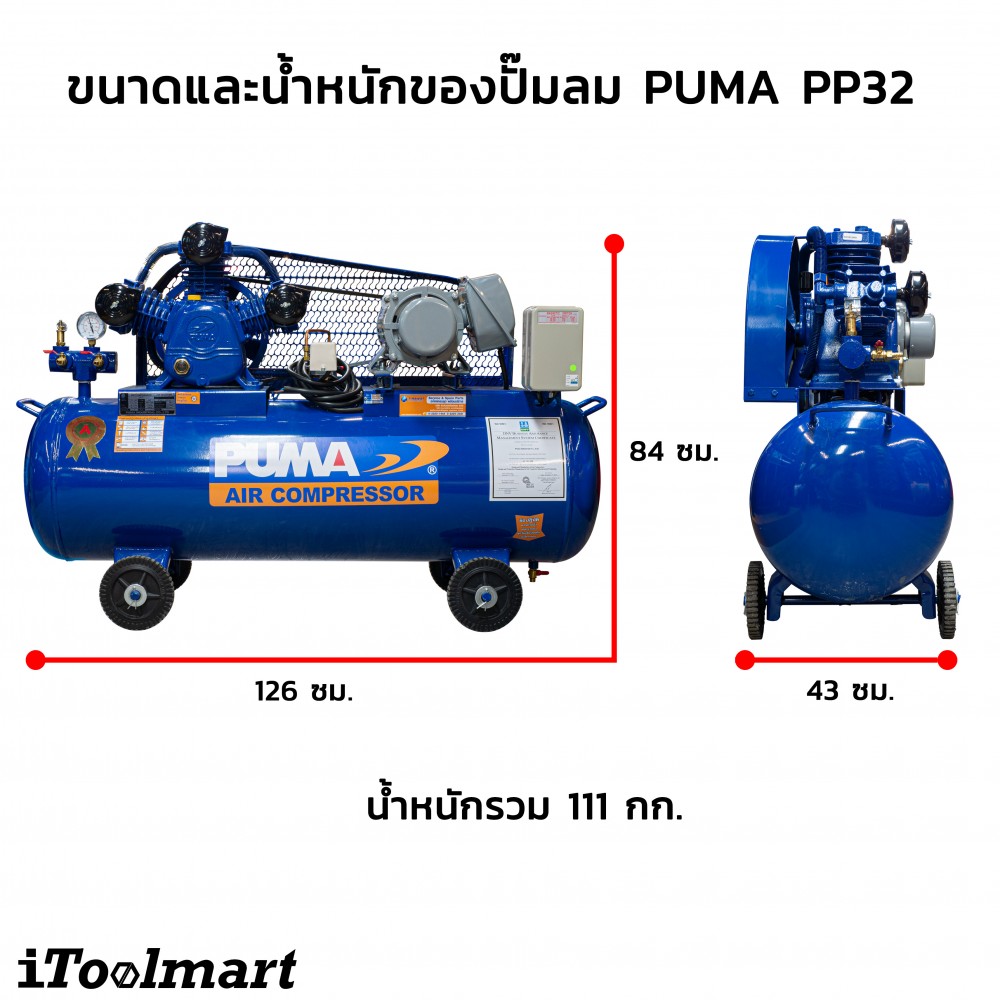 ปั๊มลมขนาดใหญ่ ปั๊มลมสายพาน PUMA PP32-HI220V-MG มอเตอร์ HITACHI 2 HP 220V. ถัง 148 ลิตร 3 ลูกสูบ