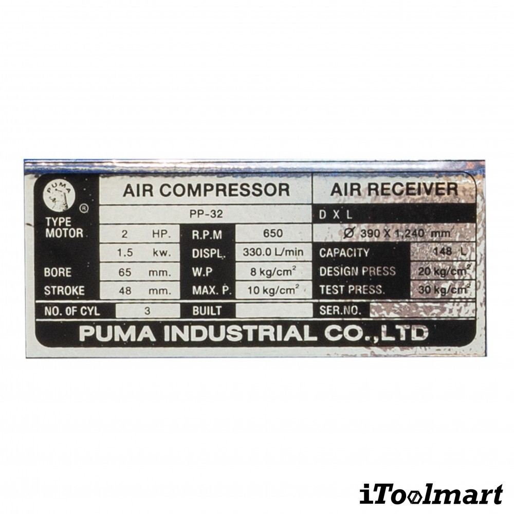 ปั๊มลมขนาดใหญ่ ปั๊มลมสายพาน PUMA PP32-HI220V-MG มอเตอร์ HITACHI 2 HP 220V. ถัง 148 ลิตร 3 ลูกสูบ
