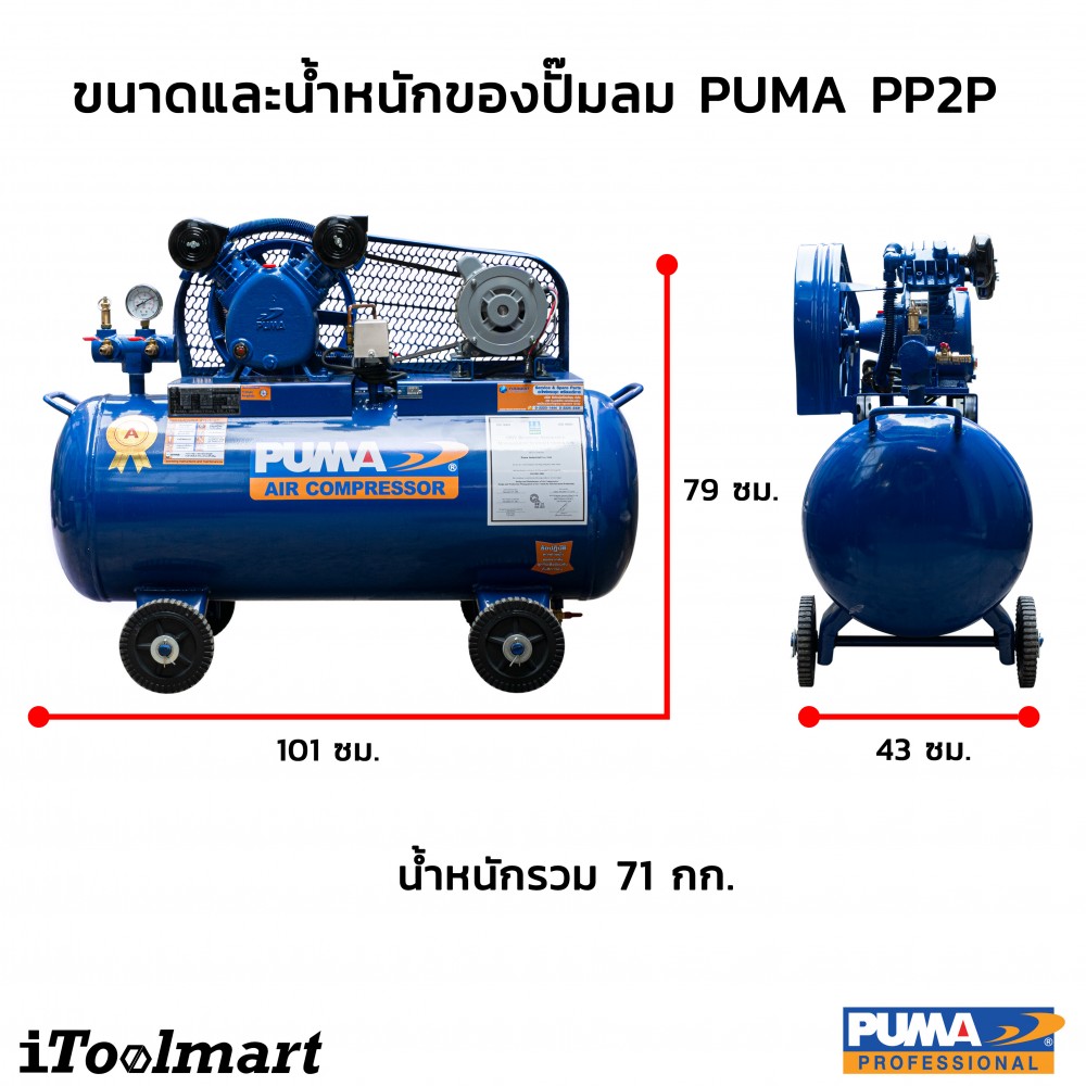 ปั๊มลม PUMA PP2P-HI220V มอเตอร์ HITACHI 1/2 HP 220V. ถัง 92 ลิตร 2 ลูกสูบ