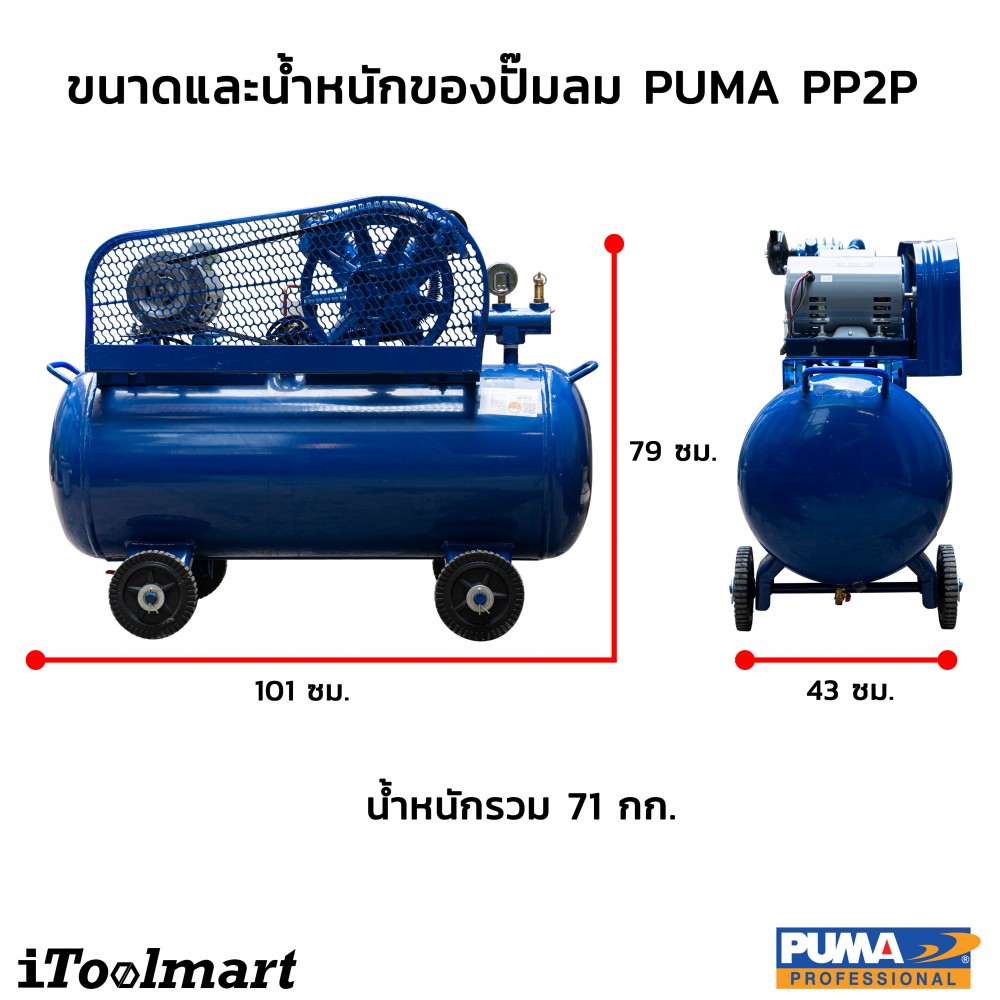 ปั๊มลม PUMA PP2P-HI220V มอเตอร์ HITACHI 1/2 HP 220V. ถัง 92 ลิตร 2 ลูกสูบ