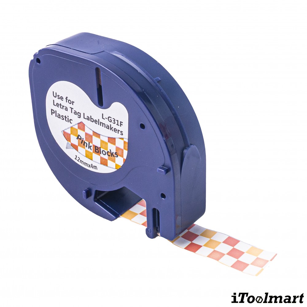 เทปพลาสติก BASIC INDUSTRIAL L-G31F LetraTag Label Tape Pink Blocks ขนาด 12 มม. x 4 ม. สำหรับเครื่องพิมพ์ DYMO LetraTag LT-200B