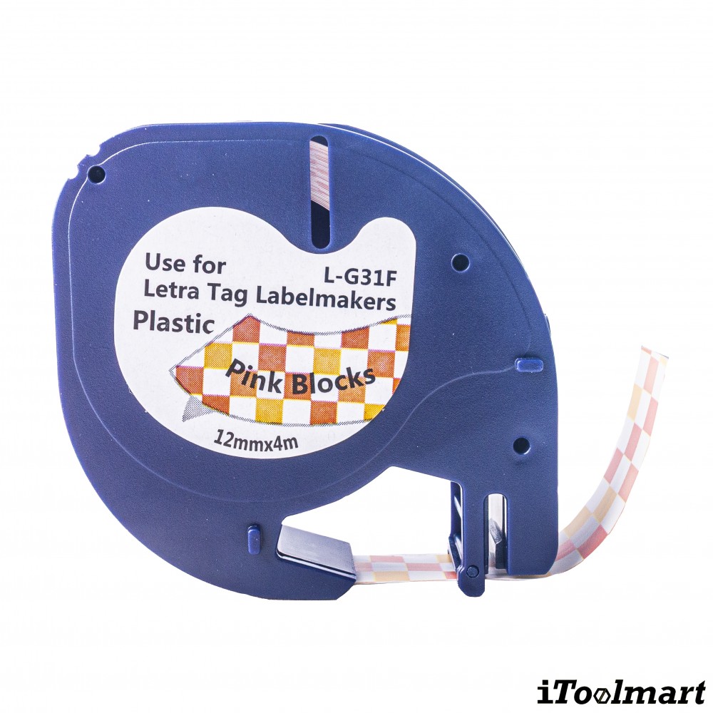 เทปพลาสติก BASIC INDUSTRIAL L-G31F LetraTag Label Tape Pink Blocks ขนาด 12 มม. x 4 ม. สำหรับเครื่องพิมพ์ DYMO LetraTag LT-200B