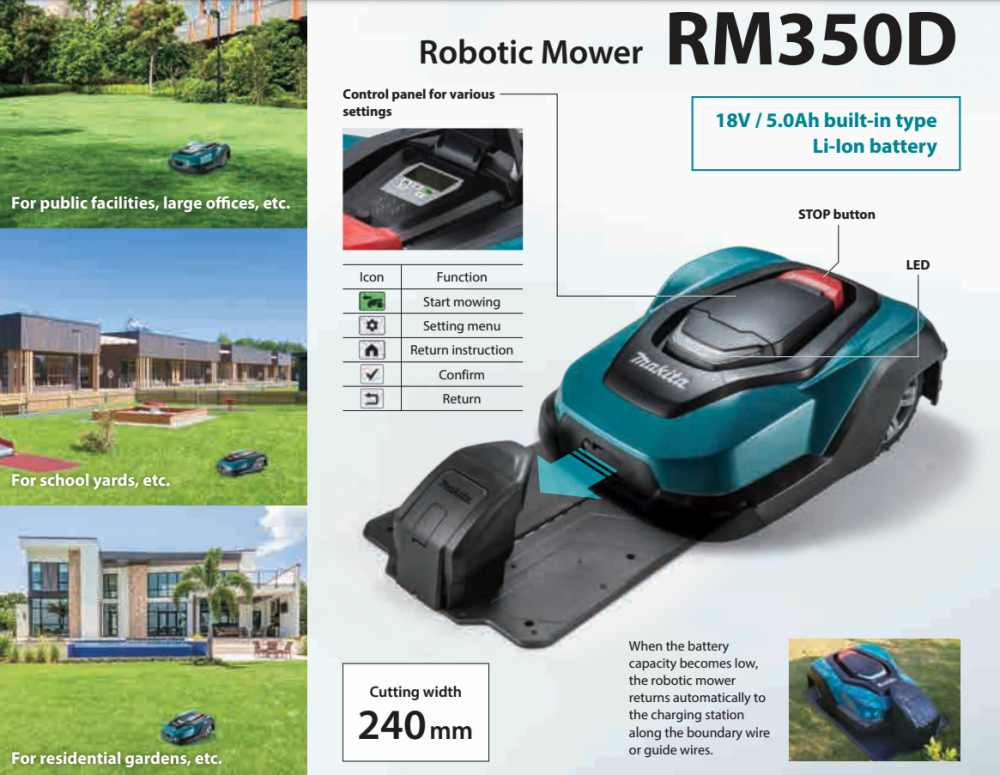 หุ่นยนต์ตัดหญ้าอัตโนมัติ MAKITA RM350D 18V 5.0Ah built-in type Li-Ion battery ขนาด 240 มม.