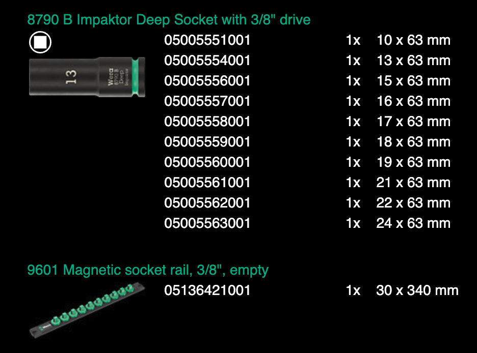 ชุดลูกบล็อก Wera 9660 Magnetic rail B Impaktor Deep 1 socket set ขนาด 3/8 นิ้ว 05005590001 (10 ชิ้น)