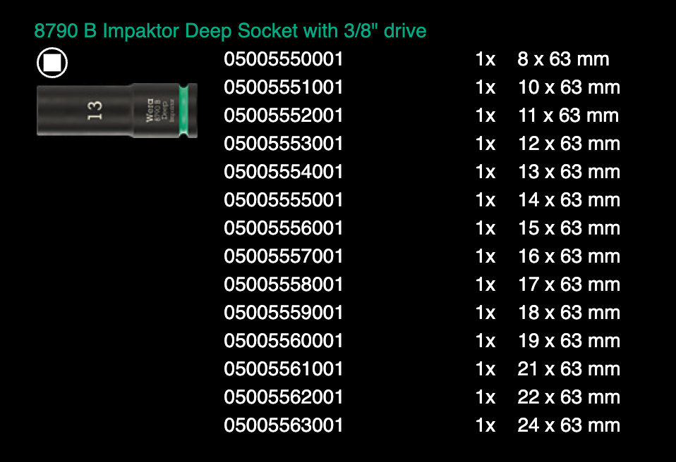 ชุดลูกบล็อก Wera 8790 B Impaktor Deep Set 1 ขนาด 3/8 นิ้ว 05005580001 (14 ชิ้น)