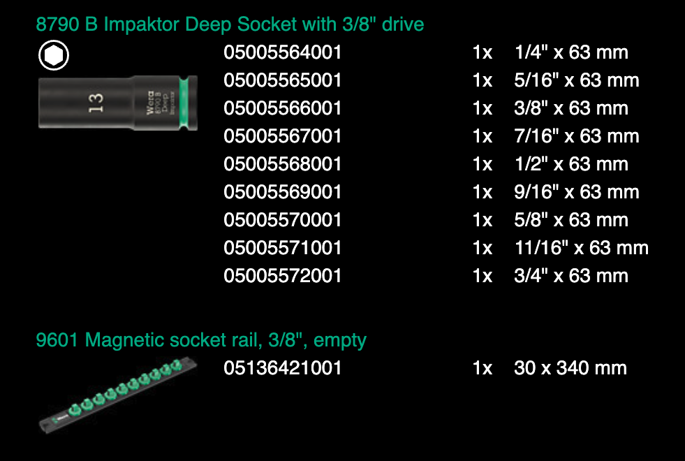 ชุดลูกบล็อก Wera 9661 Magnetic rail B Impaktor Deep Imperial 1 socket set ขนาด 3/8 นิ้ว 05005591001 (9 ชิ้น)