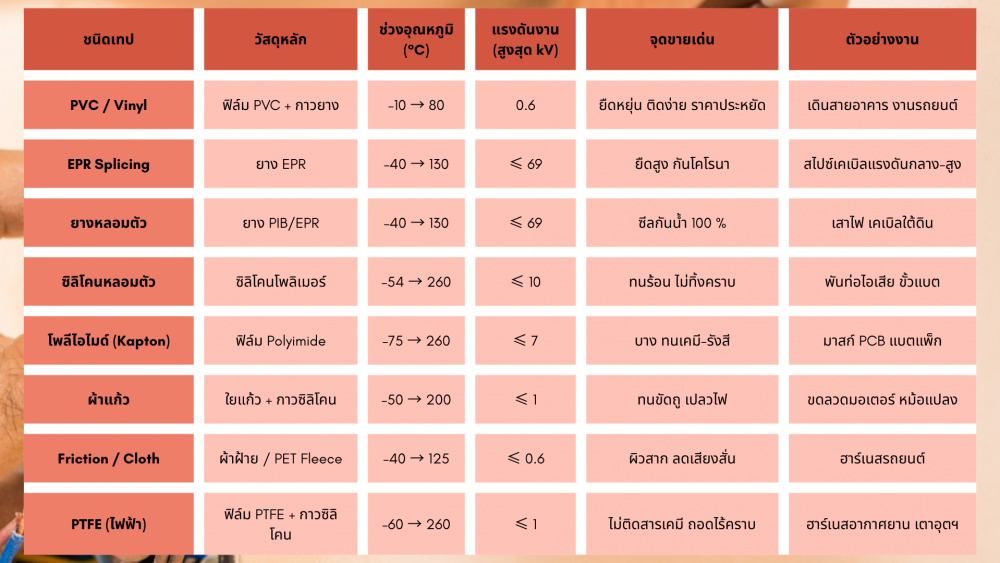 สรุปครบ เทปพันสายไฟทุกชนิด พร้อมตารางเปรียบเทียบชัดเจน สรุปครบ เทปพันสายไฟทุกชนิด พร้อมตารางเปรียบเทียบชัดเจน