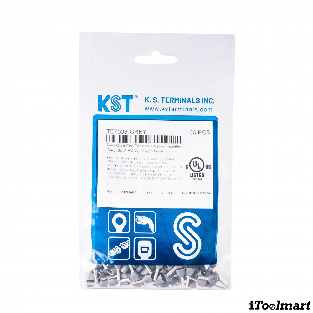 หางปลาคอร์ดเอ็น KST TE7508 แบบคู่ สีน้ำเงิน ขนาด 0 75 mm² 100 ตัว