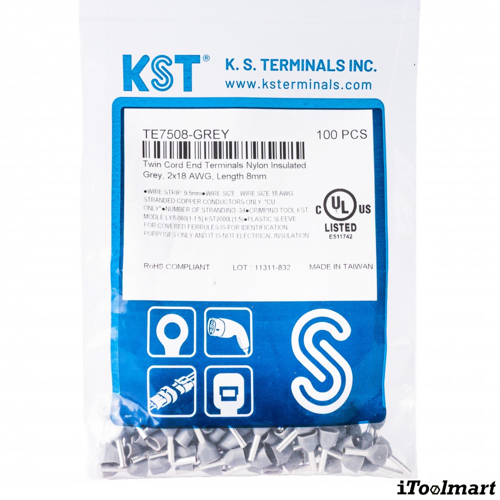 หางปลาคอร์ดเอ็น KST TE7508 แบบคู่ สีน้ำเงิน ขนาด 0 75 mm² 100 ตัว