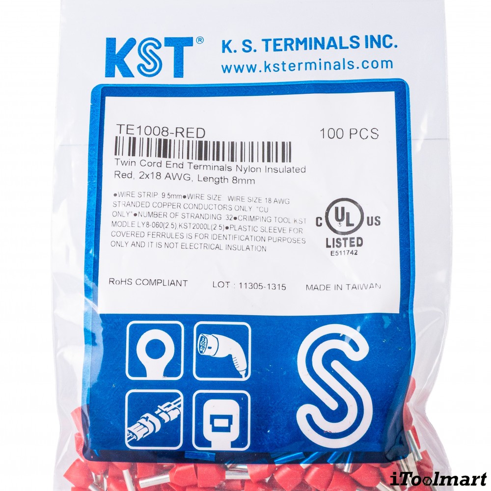 หางปลาคอร์ดเอ็น KST TE1008 แบบคู่ ขนาด 1 0 mm² 100 ตัว