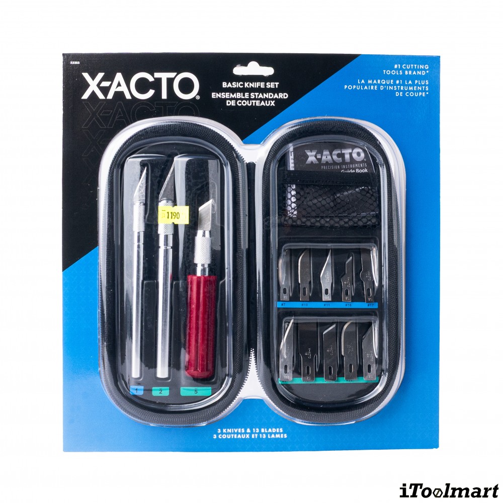 ชุดมีดพื้นฐานพร้อมกระเป๋า X ACTO X5285 ประกอบด้วยมีด 3 เล่ม ใบมีด 13 ใบ และกระเป๋า